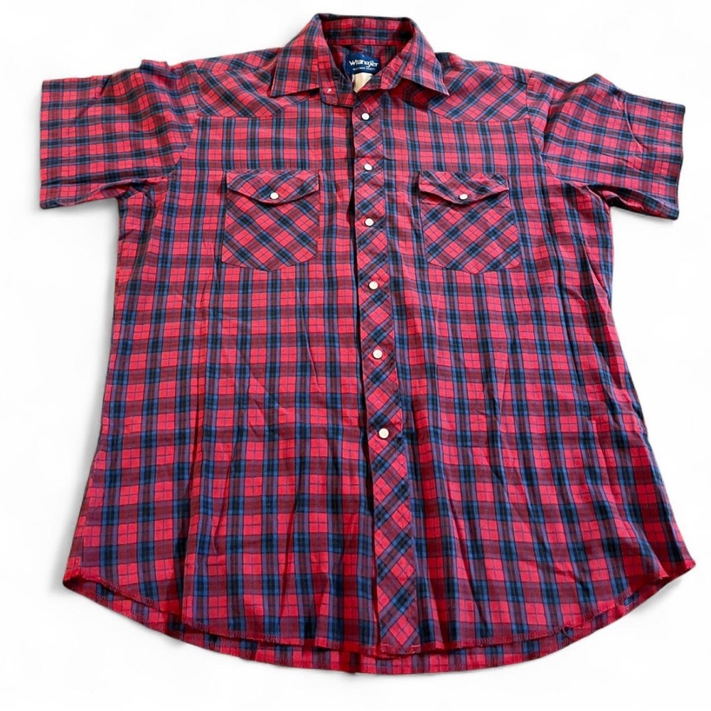 Men’s Vintage Wrangler Shirt Men’s L Red/Navy Plaid Pearl Snap Short Sleeve